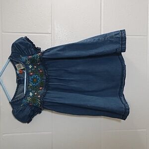 Lightweight Cotton Denim Boho Peasant Dress with Floral Embroidery 3T
